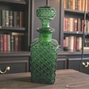 Vintage Emerald Green Decanter, Diamond Cut Pattern, 10 Inches Tall